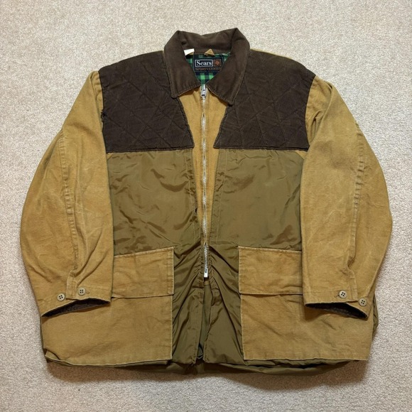 Vtg Sears Sports Center Jacket Mens XL Tan Canvas Corduroy Hunting Game 60s 70s